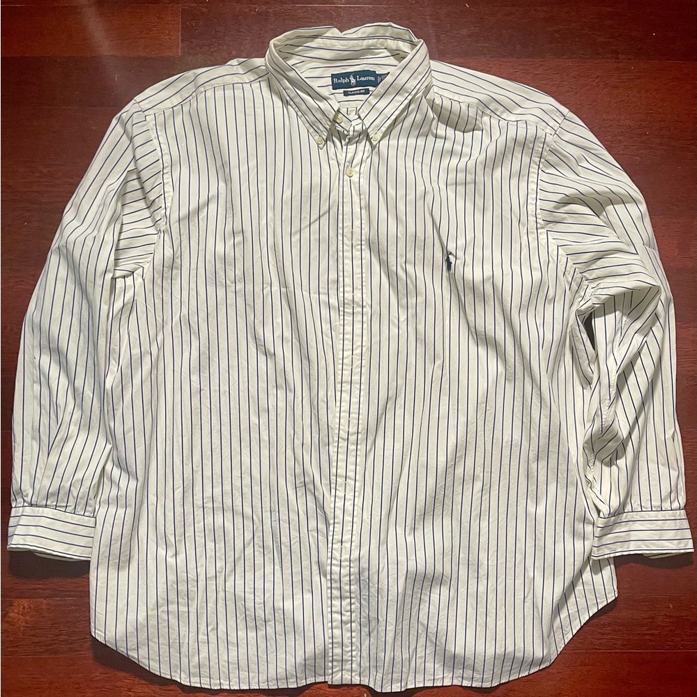 Ralph Lauren 100%Cotton Long Sleeve Dress Shirt White with Navy Blue Stripes